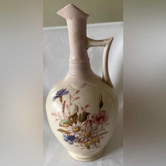 Antique Hand Painted Floral Porcelain Ewer Vase With Handle Unique Shape Marked - Picture 1 of 6